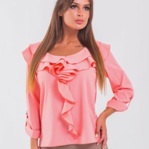 Заказать женскую персиковую блузку с рюшами с длинным рукавом недорого