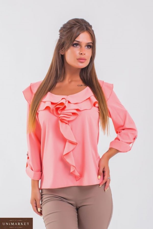 Замовити жіночу персикову блузку з рюшами з довгим рукавом недорого