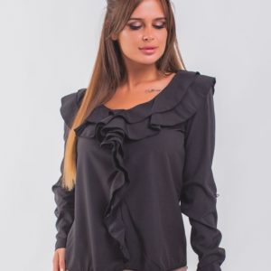 Купить черного цвета блузку с рюшами с длинным рукавом для женщин онлайн