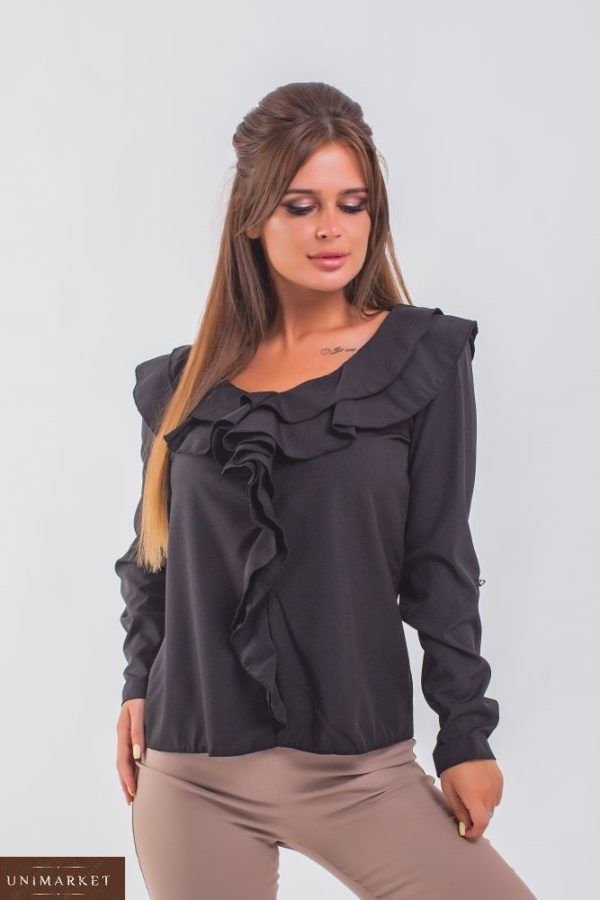 Купити чорного кольору блузку з рюшами з довгим рукавом для жінок онлайн