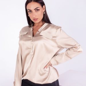 Придбати жіночу шовкову блузку з довгим рукавом (розмір 42-54) в інтернеті беж