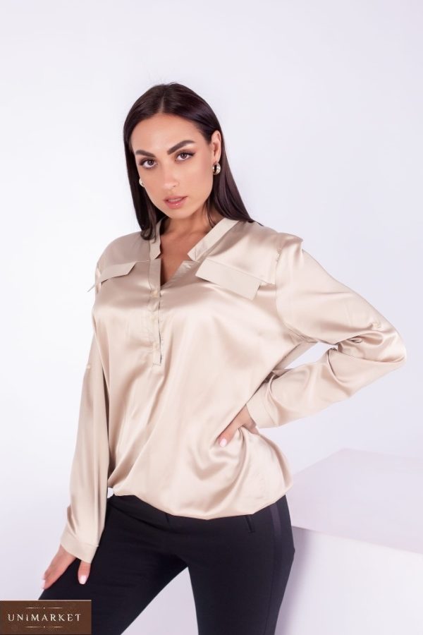 Придбати жіночу шовкову блузку з довгим рукавом (розмір 42-54) в інтернеті беж