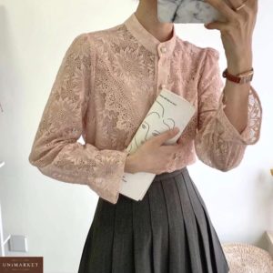 Придбати пудра для жінок блузку з гіпюру з квітами з рукавами-дзвіночків в інтернеті