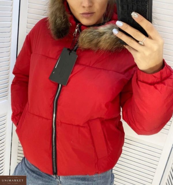 Заказать красную короткую женскую куртку из плащевки с мехом (размер 44-48) недорого
