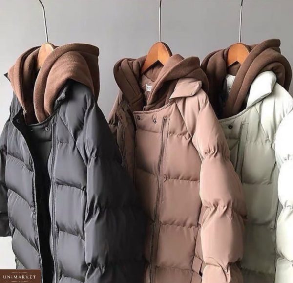 Купить женскую зимнюю куртку с двойным капюшоном из трехнитки черную, мокко, беж онлайн