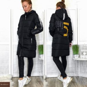 Замовити чорну зимову жіночу подовжену куртку з лампасами (розмір 46-52) онлайн