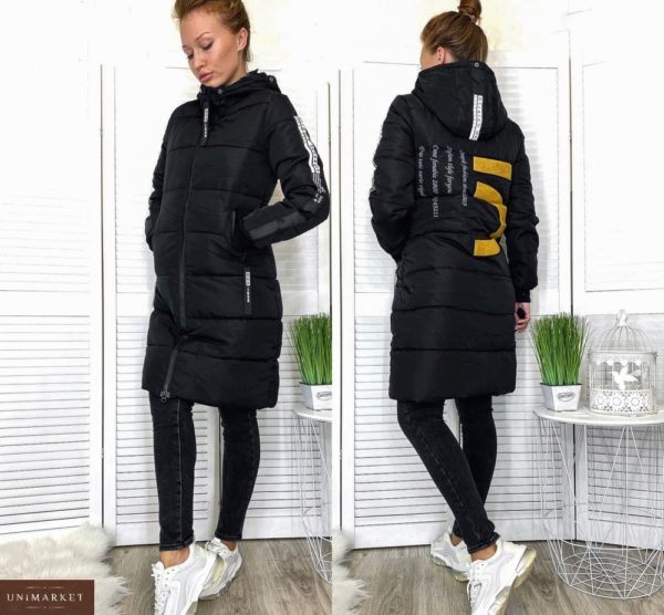 Замовити чорну зимову жіночу подовжену куртку з лампасами (розмір 46-52) онлайн