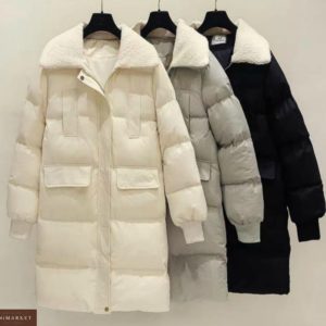 Купить женскую зимнюю недорого куртку из плащевки с карманами цвета серый, молоко, черный