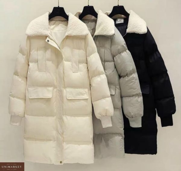 Купити жіночу зимову недорого куртку з плащової тканини з кишенями кольору сірий, молоко, чорний