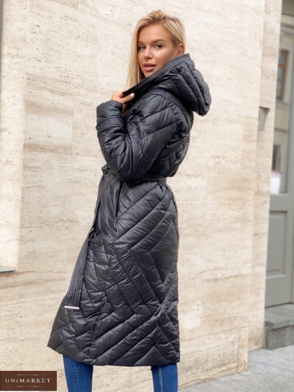 Придбати чорну жіночу довгу куртку з поясом і капюшоном в інтернеті