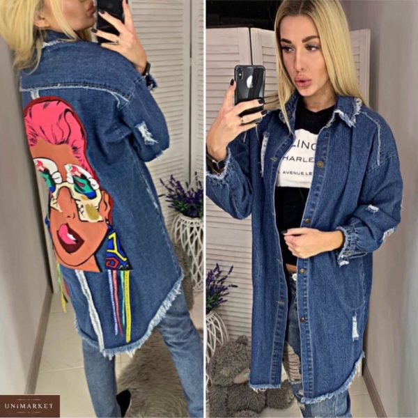 Купити синю подовжену жіночу джинсову куртку з принтом на спині (розмір 44-48) онлайн