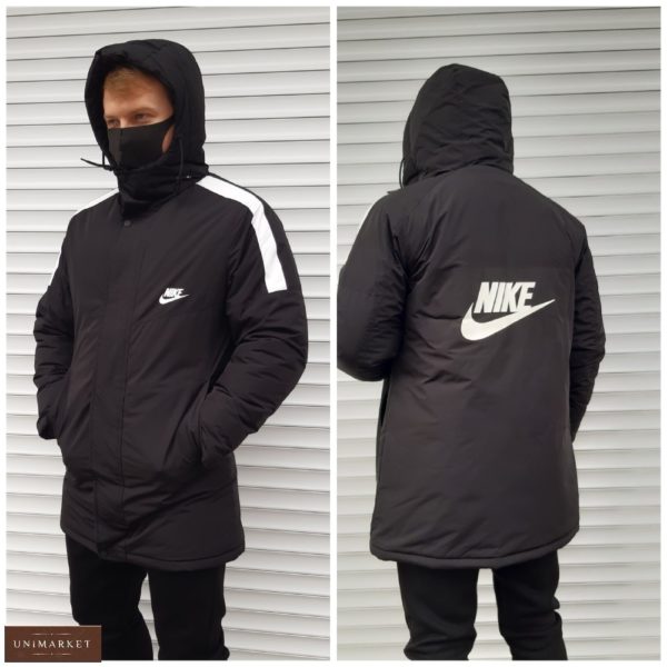Замовити чорну подовжену чоловічу теплу куртку Nike (розмір 46-54) онлайн