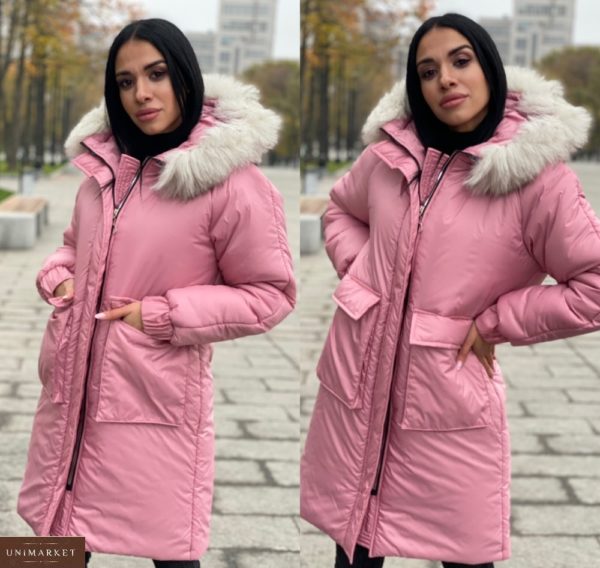 Купить пудра женскую теплую куртку с опушкой из натурального меха (размер 42-50) на зиму выгодно