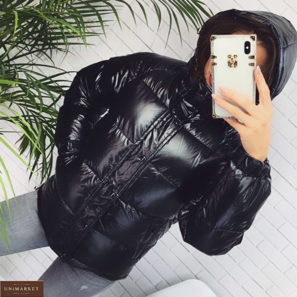 Замовити чорну куртку з капюшоном жіночу на холлофайбер в інтернеті