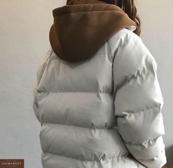 Приобрести беж женскую зимнюю куртку с двойным капюшоном из трехнитки в интернете