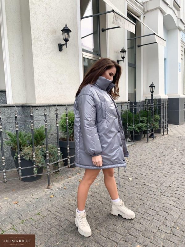 Купить серую для женщин куртку оверсайз с высоким воротником в интернете