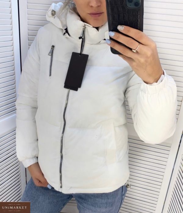 Купить короткую куртку на холофайбере для женщин белого цвета со змейкой (размер 44-48) в Украине