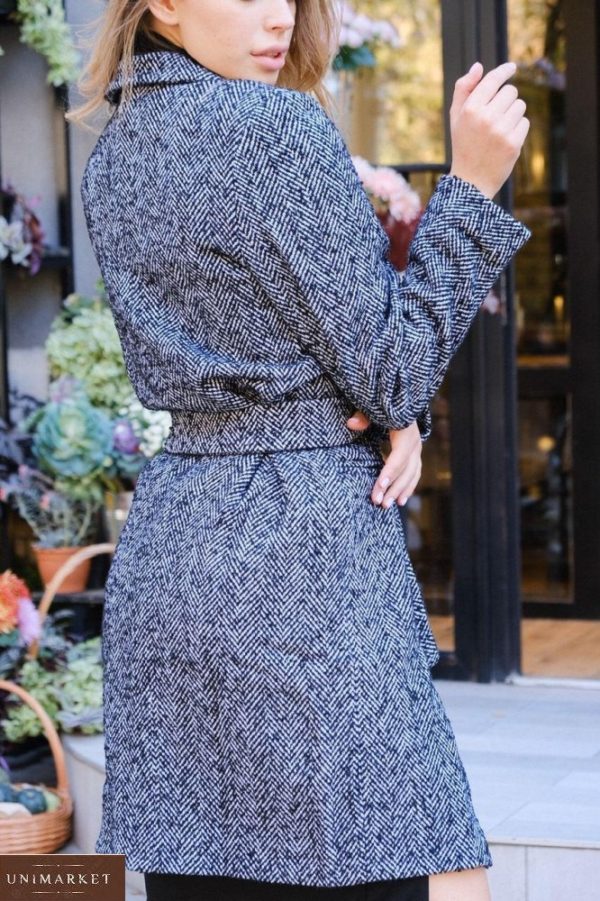 Придбати сіро-синього кольору пальто на підкладці з дрібним принтом ялинка для жінок вигідно