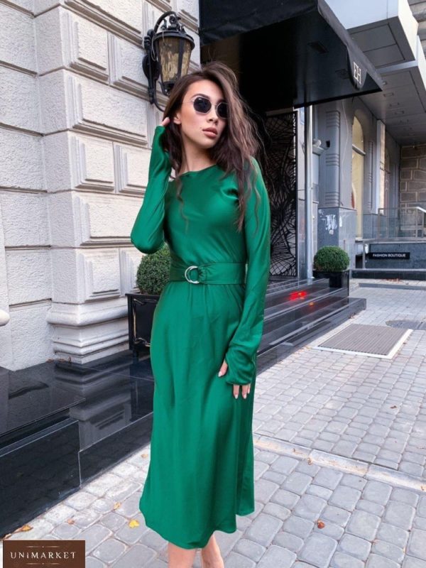 Замовити смарагдове жіноче плаття по фігурі з довгим рукавом в інтернеті