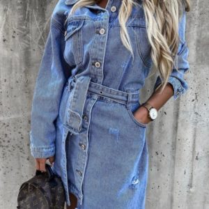 Купить голубое джинсовое женское платье с длинным рукавом и асимметричным низом онлайн