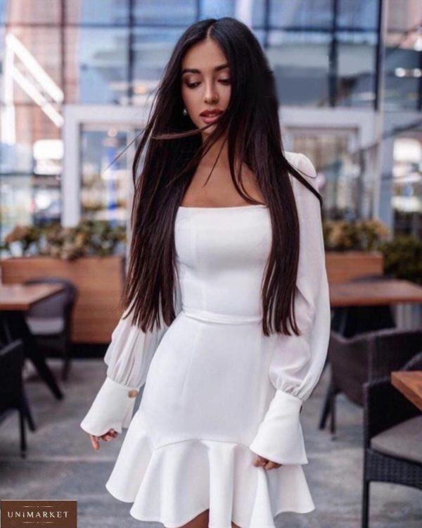 Замовити білого кольору милу сукню міні жіночу з воланом недорого