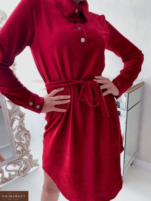 Заказать женское цвета марсала платье-рубашка из вельвета с поясом онлайн