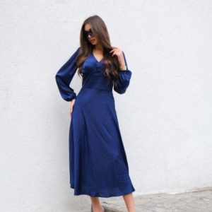 Заказать синее женское шелковое платье длины миди недорого