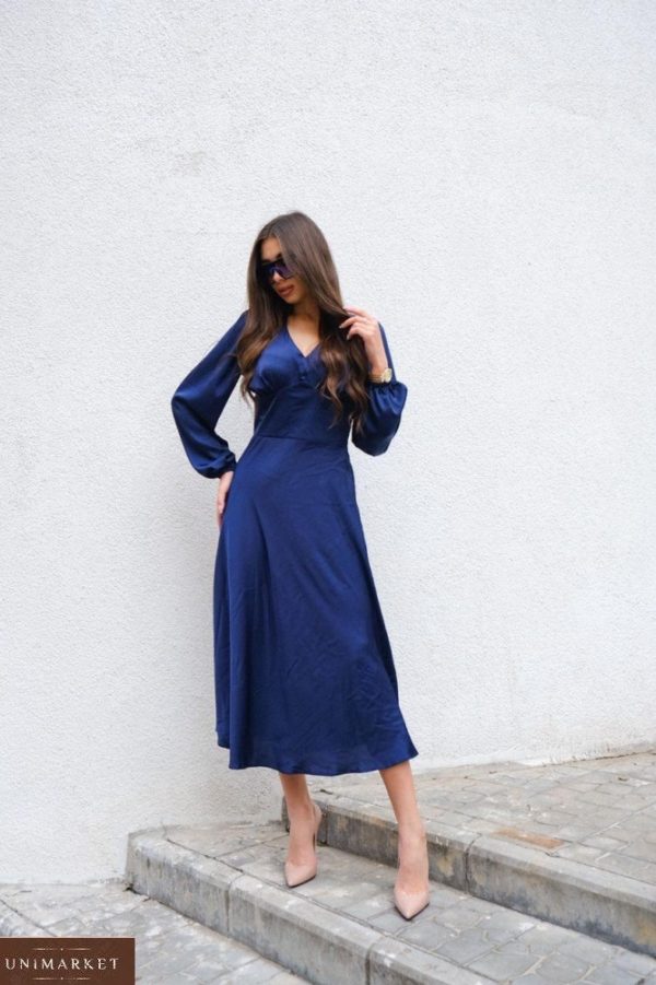 Замовити синє жіноче шовкове плаття довжини міді недорого