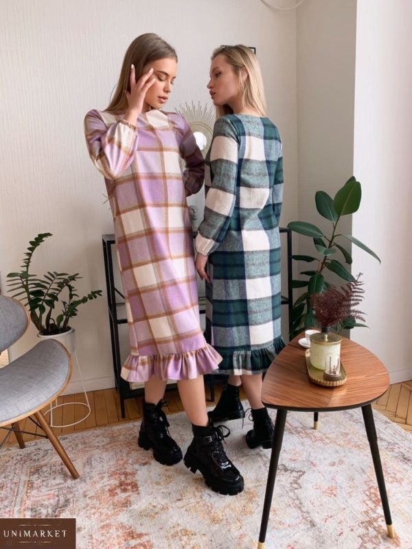 Купити плаття бузкового кольору з тонкого кашеміру в клітку для жінок онлайн