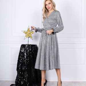 Замовити світло срібне святкове плаття для жінок А-силуету з люрексом (розмір 42-54) недорого