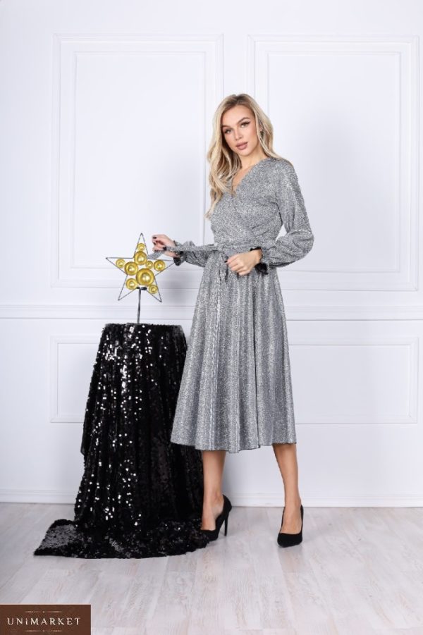 Замовити світло срібне святкове плаття для жінок А-силуету з люрексом (розмір 42-54) недорого