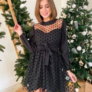 Купить женское черное нарядное платье с сеткой в горошек онлайн