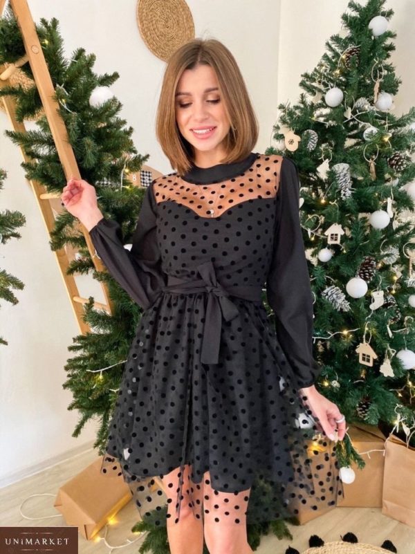 Купити жіночу чорну нарядну сукню з сіткою в горошок онлайн