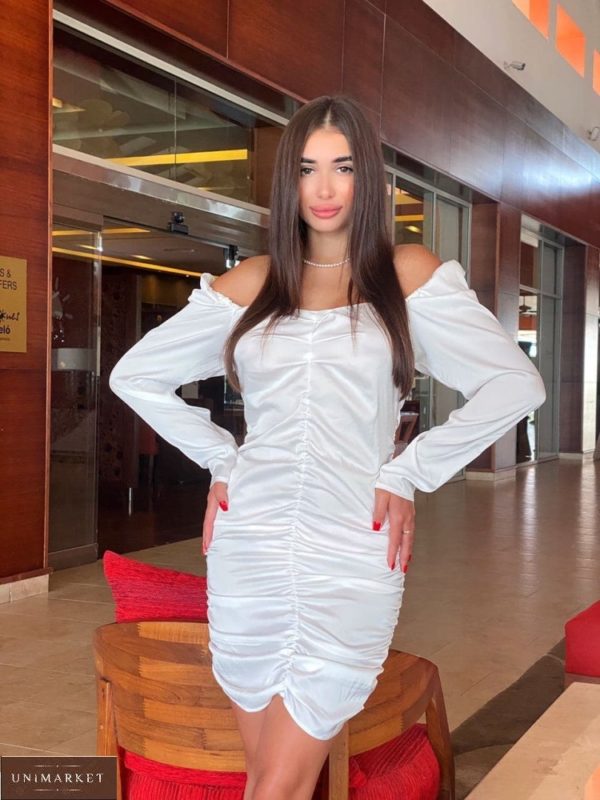 Замовити біле жіноче шовкове плаття зі складанням і відкритими плечима на свято онлайн