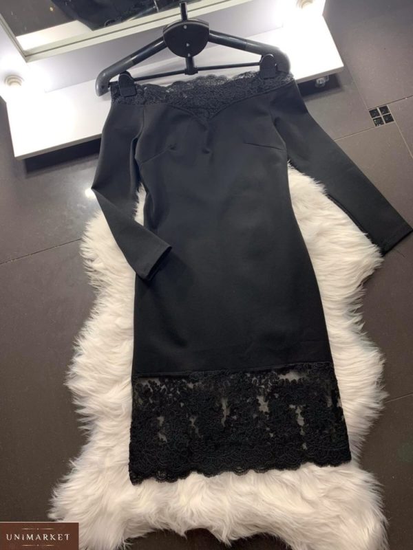 Заказать женское черное элегантное платье с открытыми плечами и декольте на новый год по скидке