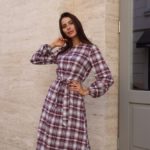 Замовити жіноче плаття бордо в клітку з довгим рукавом (розмір 42-54) онлайн