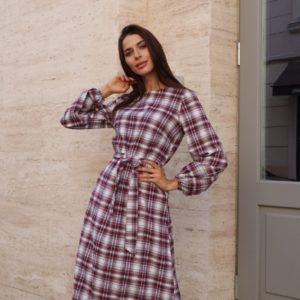 Замовити жіноче плаття бордо в клітку з довгим рукавом (розмір 42-54) онлайн
