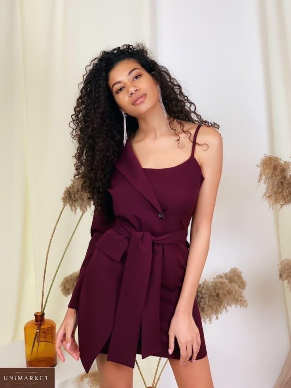 Купить женское необычное платье с имитацией пиджака цвета марсала онлайн