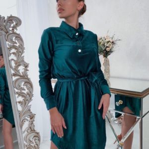 Купити зелене плаття-сорочка з вельвету з поясом для жінок вигідно