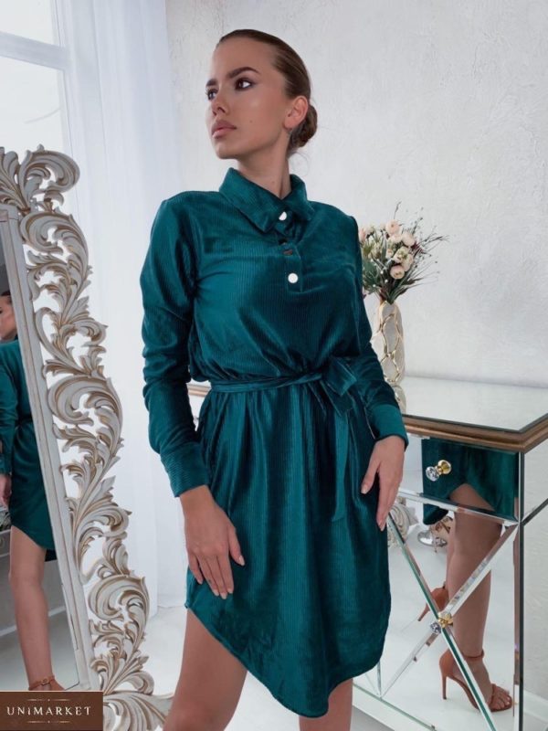 Купить зеленое платье-рубашка из вельвета с поясом для женщин выгодно