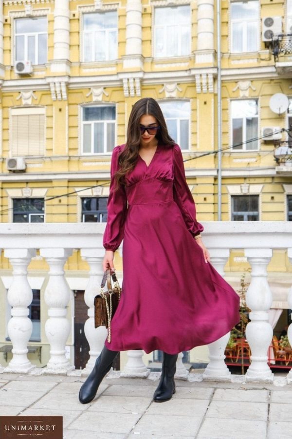 Приобрести марсала женское шелковое платье длины миди в Украине