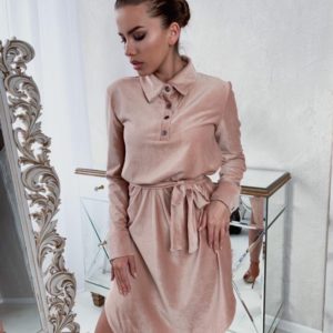 Купить бежевое женское платье-рубашка из вельвета с поясом в интернете