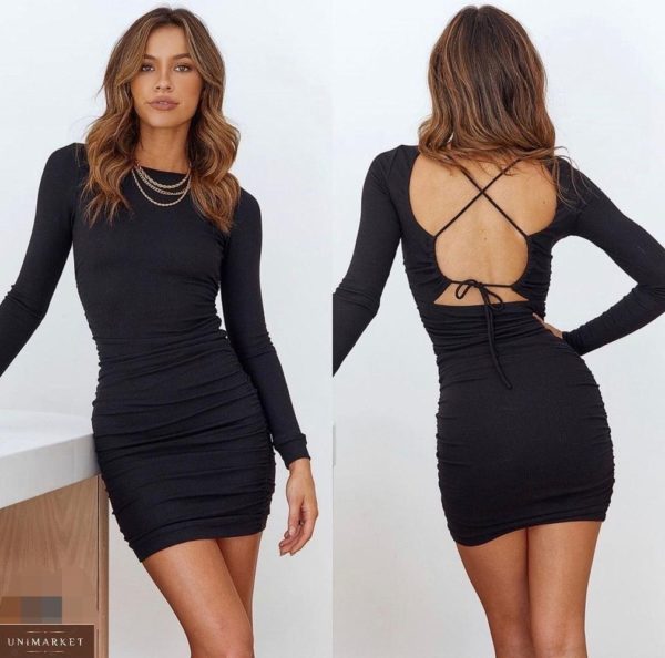 Приобрести черное по скидке трикотажное платье с открытой спиной онлайн для женщин