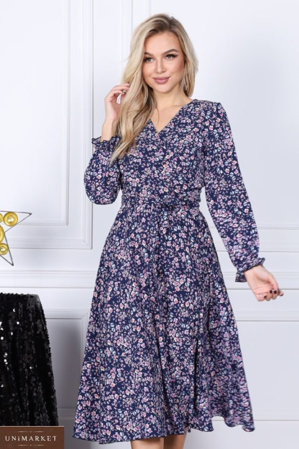 Замовити синю з рожевим сукню міді жіноче в квітковий принт (розмір 42-54) дешево