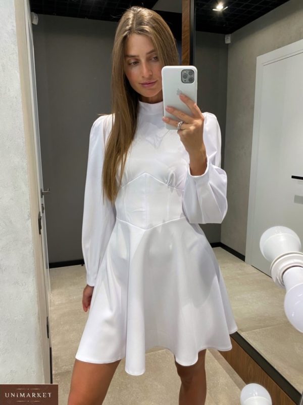 Замовити біле жіноче приталене закрите плаття міні з довгим рукавом в інтернеті на свято