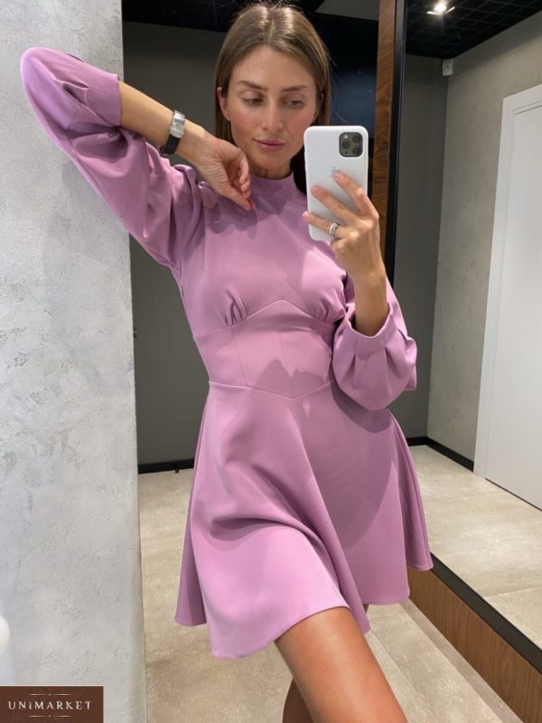 Купить лиловое женское приталенное закрытое платье мини с длинным рукавом в интернете