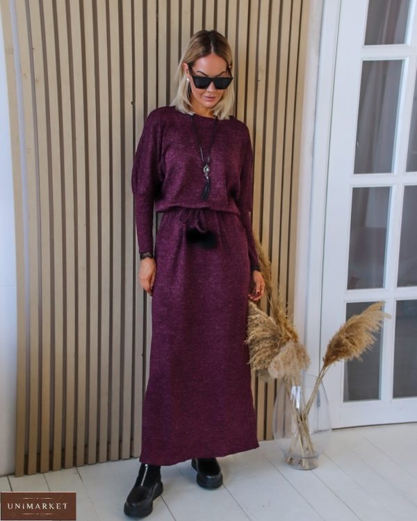 Купити тепле плаття для жінок в підлогу з мереживними вставками фіолетове (розмір 42-56) вигідно