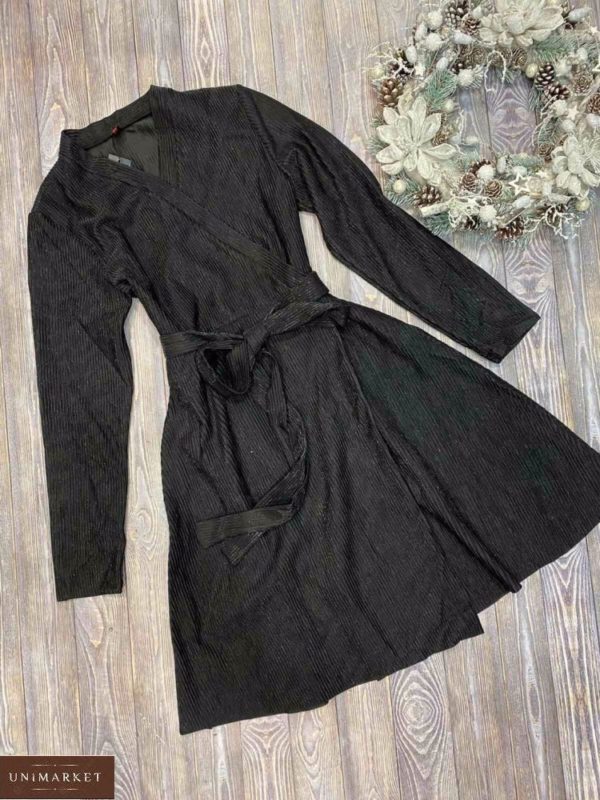 Заказать черное женское платье из люрекса на запах с длинным рукавом по скидке