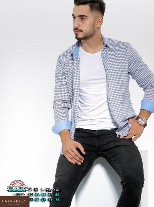 Купити біло-блакитну утеплену сорочку в клітку з кольоровими манжетами (розмір 46-54) для чоловіків за низькими цінами