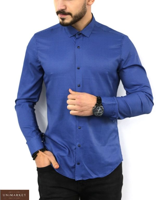 Придбати кольору електрик бавовняну сорочку в дрібний візерунок для чоловіків (розмір 46-54) онлайн